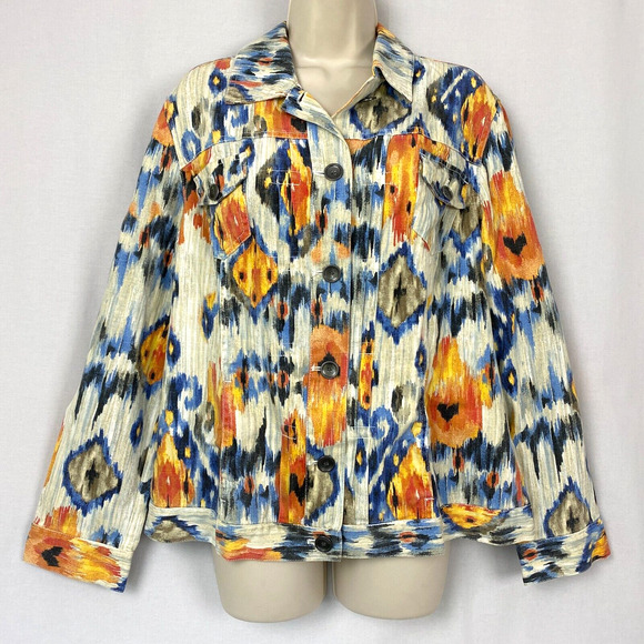 Chicos Jacket 2 Linen Blend Southwestern Aztec Trucker Art to Wear Colorful M L - Picture 1 of 14
